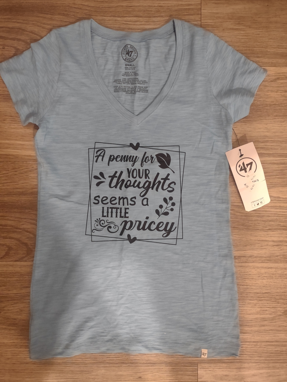'A Penny for Your Thoughts' Light Blue V-Neck Graphic Tee - 47
